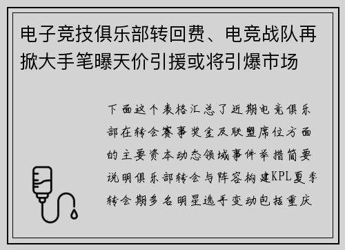 电子竞技俱乐部转回费、电竞战队再掀大手笔曝天价引援或将引爆市场